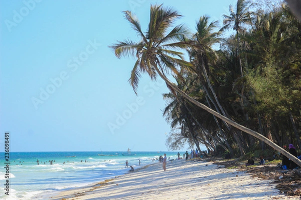 Obraz Mombasa, Kenya - December 21, 2015: Diani Beach Indian Ocean Beach - palm trees, turquoise water and white sand