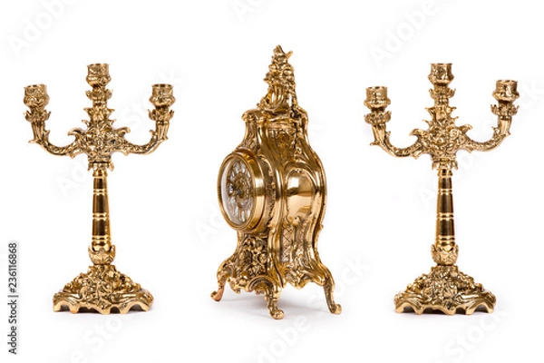 Obraz Vintage gold watch with candelabra on white background
