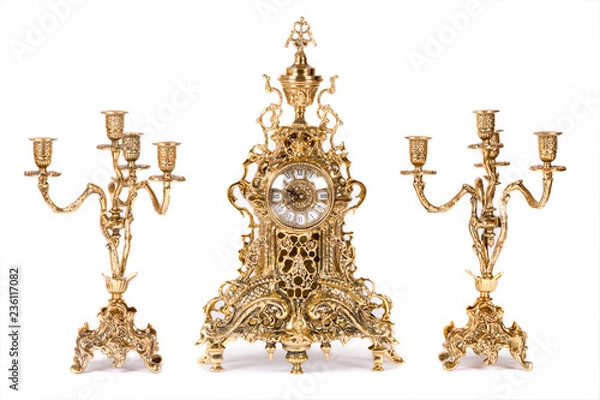 Obraz Vintage gold watch with candelabra on white background