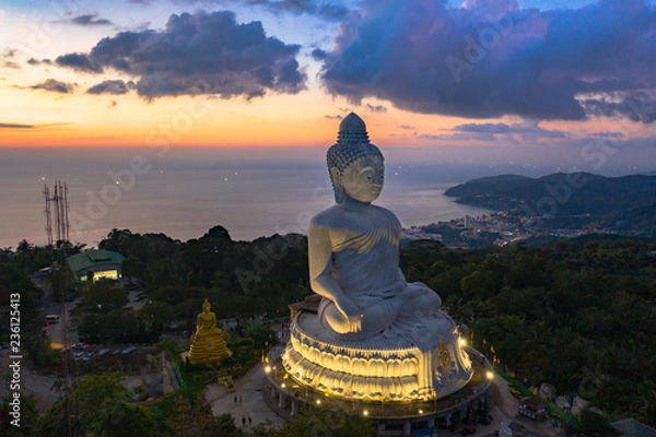 Fototapeta aerial view Phuket big Buddha in twilight. Phuket Big Buddha is one of the island most important and revered landmarks on Phuket island..