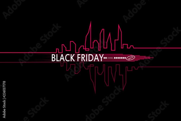 Fototapeta Black Friday in the City the Perfect Sale. White Ribbon Banner in Flat Style on a Black Background with an Abstract City Skyline. Vector Illustration