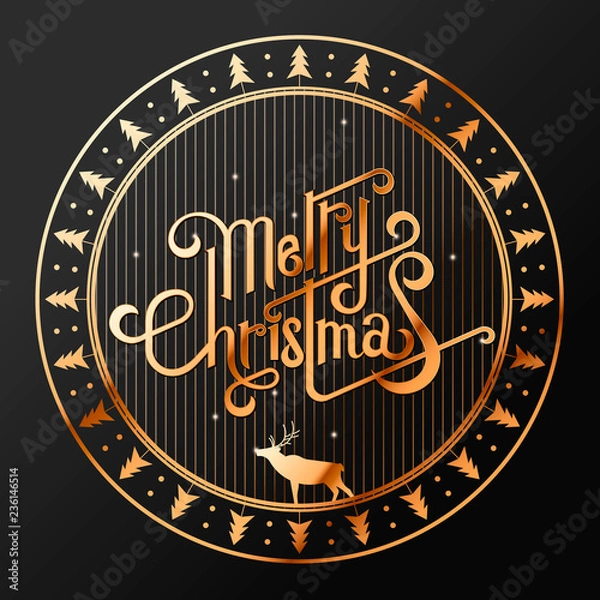 Obraz Hand drawn New year and Merry Christmas typography poster with coniferous forest, pines and deer . Celebration quotation for web, card, postcard, event icon logo or badge. Vintage style.