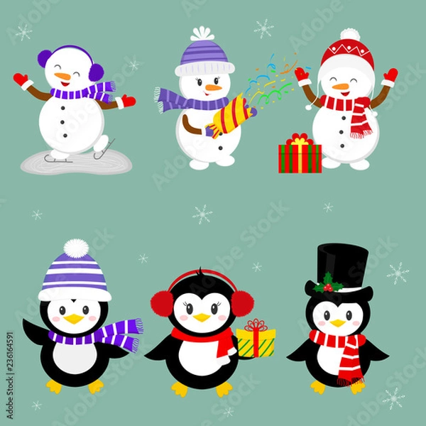 Fototapeta New Year and Christmas card. A set of three penguins and three snowmen characters in different hats and poses in winter. Gift boxes, crackers with confetti. Cartoon style, vector