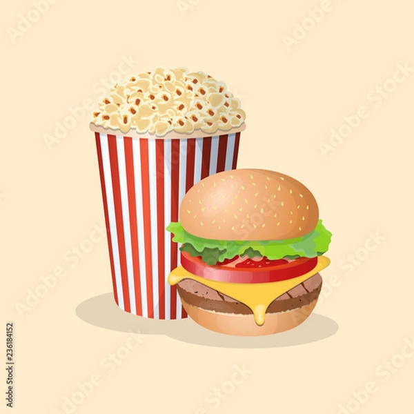 Fototapeta Burger with popcorn - cute cartoon colored picture. Graphic design elements for menu, poster, brochure. Vector illustration of fast food for bistro, snackbar, cafe or restaurant.