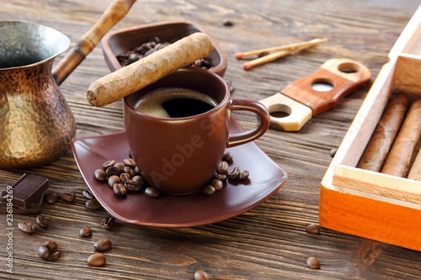 Obraz Cigars and a cup of black coffee
