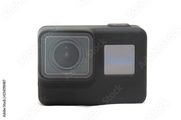 Obraz Black new action camera. Isolated on a white background.