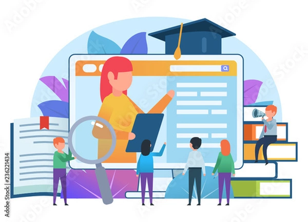 Fototapeta Online education, distance learning concept. Small people stand near educational web page and pile of books. Poster for presentation, social media, banner, web page. Flat design vector illustration