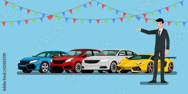 Obraz A happy businessman, salesman is standing and present  his vehicles and super car for sell or rent that parked in the shop.Vector illustration design.