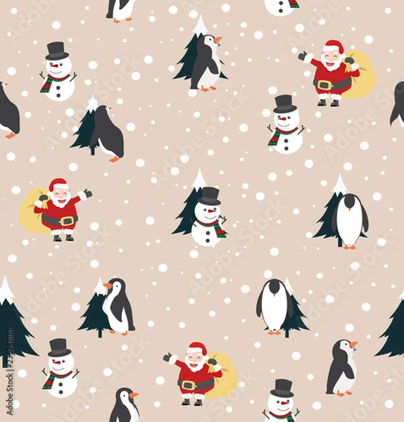 Fototapeta Christmas Santa Claus ,Snowman and penguin with tree background