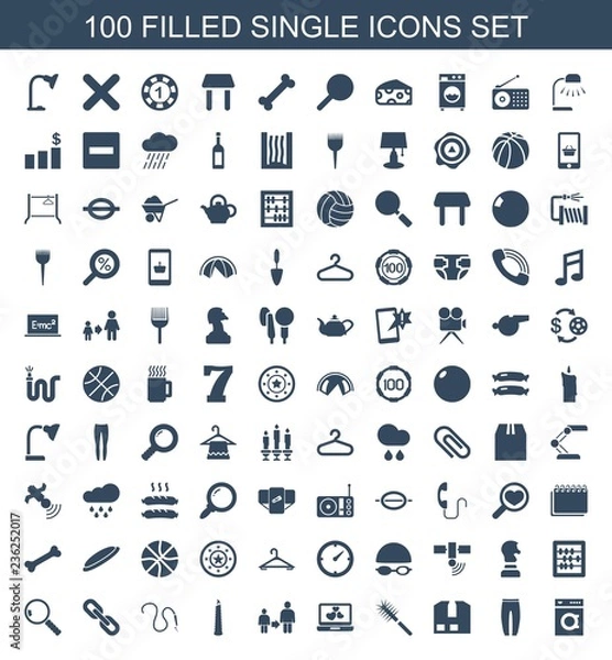 Fototapeta single icons. Set of 100 filled single icons included washing machine, underpants, cargo container, toilet brush on white background. Editable single icons for web, mobile and infographics.