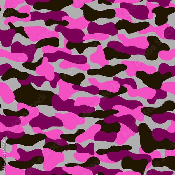 Fototapeta Сamouflage vector seamless pattern. Pink, burgundy and black colors on gray backdrop. EPS10. Can be used as print on clothes, wrapping paper, design of banners.