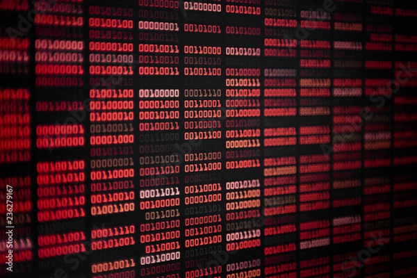 Obraz red binary code. data black out some data missing from system. server failure and computer hacker attack. hard disk and harddrive problem. malfunction and danger to use cyber data.