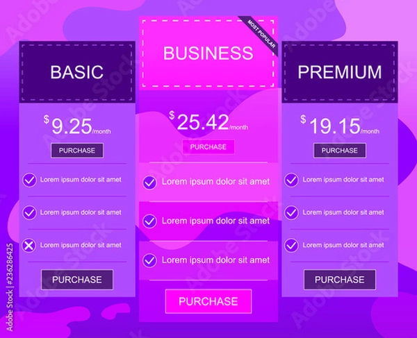 Fototapeta Modern price table template design, in purple colors. The sale page of your product or service on your website.