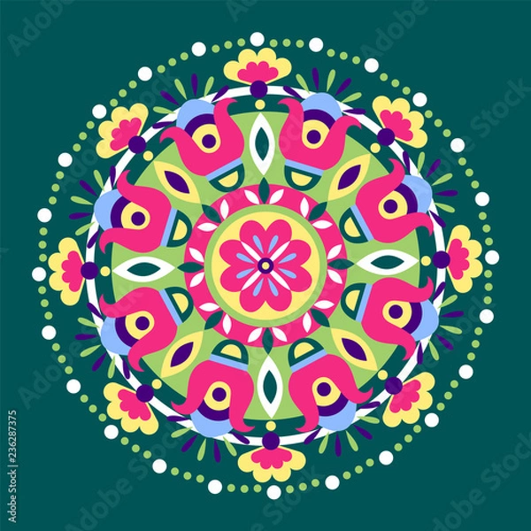 Obraz geometryczna kwiecista dekoracja etniczna. Moda meksykańska, navajo, aztec, indiańska ozdoba. Kolorowy element projektu wektorowego do druku ramki i obramowania, tekstyliów, tkanin lub papieru. Ilustracji wektorowych