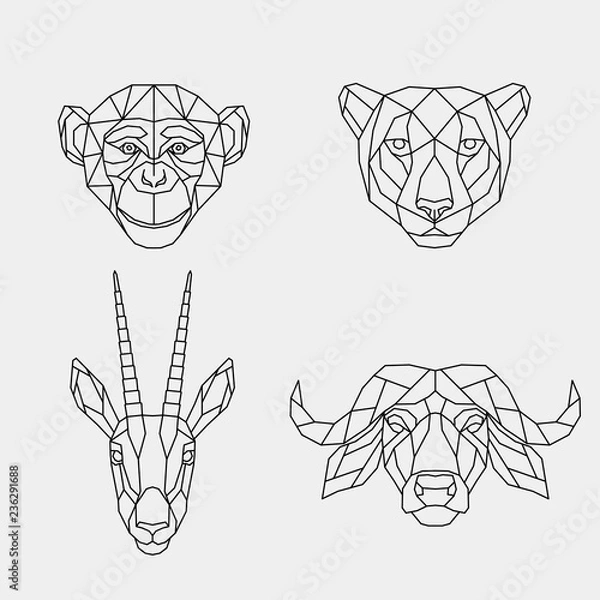 Fototapeta Zbiór streszczenie wielokątne zwierząt Afryki. Liniowa geometryczna małpa, gepard, bawół, antylopa. Ilustracji wektorowych.