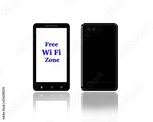 Fototapeta Phone with inscription about free Wi-Fi. Front and back sides of smartphone