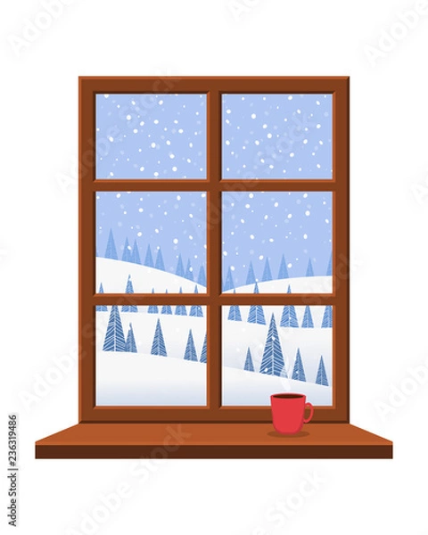 Obraz Window overlooking the winter landscape. Cartoon flat style. Vector illustration.