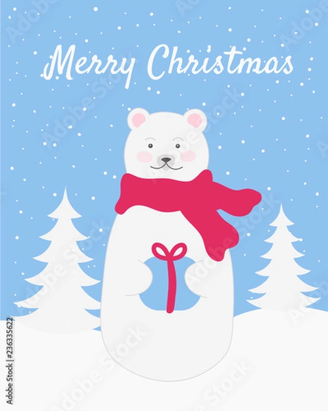 Fototapeta Polar bear holds present illustrated vector greeting winter card, merry christmas text, winter background eps10
