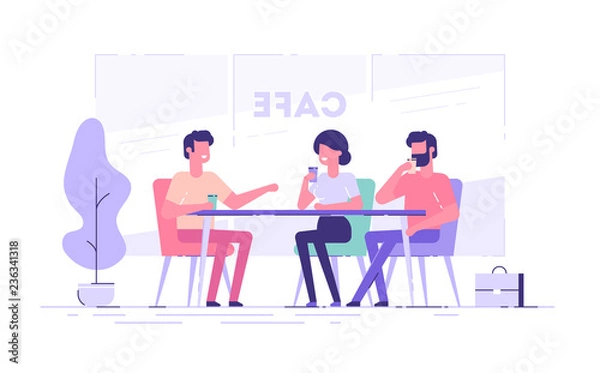 Fototapeta A group of friends or colleagues talking in a cafe. Flat vector illustration.