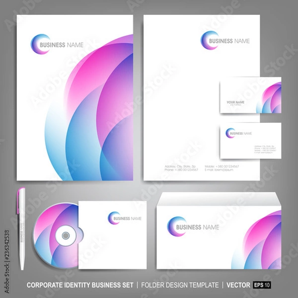Fototapeta Corporate identity template for business artworks. Editable corporate identity template - design including CD, letterhead blank, envelope and visiting card. Vector illustration