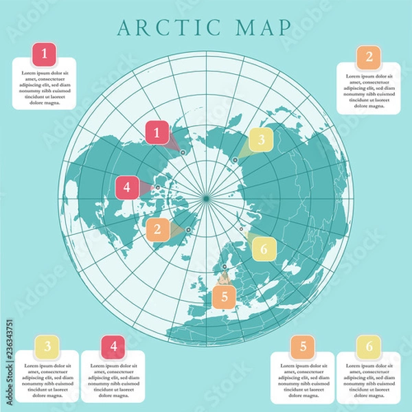 Obraz Arctic map with countries boundary, grid and label. Arctic regions of northern hemisphere. Circumpolar projection. Vector. Infographic. Green background.