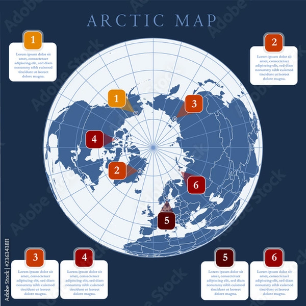 Obraz Arctic map with countries boundary, grid and label. Arctic regions of northern hemisphere. Circumpolar projection. Vector. Infographic. Dark background.