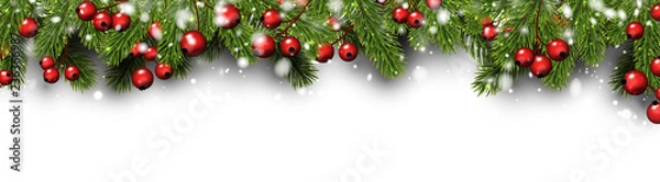 Fototapeta White Christmas and New Year banner with fir branches, holly berries and snow.