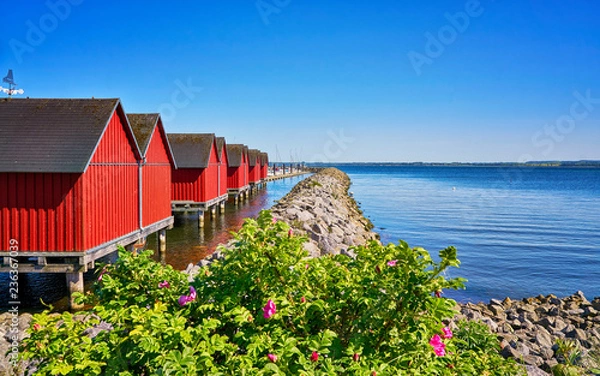 Fototapeta Breakwater line along Red fisher houses in the port Weiße Wiek in Boltenhagen on the Baltic Sea. Germany