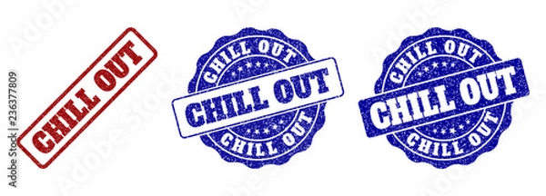 Fototapeta CHILL OUT grunge stamp seals in red and blue colors. Vector CHILL OUT labels with grainy style. Graphic elements are rounded rectangles, rosettes, circles and text labels.