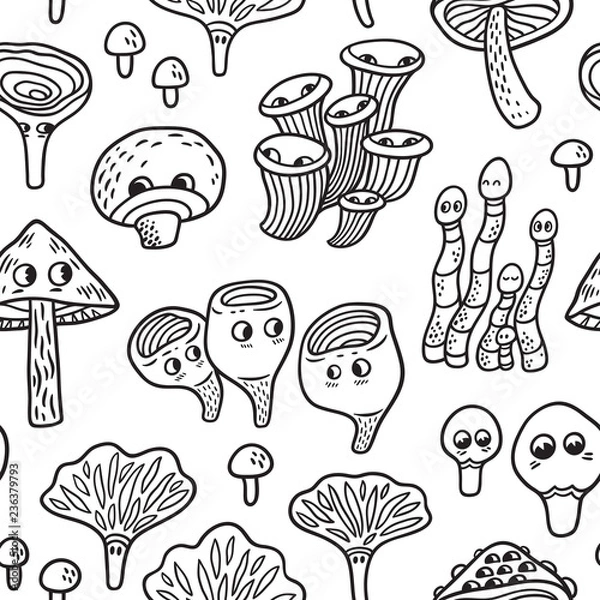 Fototapeta Seamless pattern with ink funny mushroom. Vegetables vector background