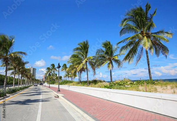Fototapeta Traveling north, State Road A1A runs along the Atlantic Ocean in Fort Lauderdale, Florida.   Sand dunes and white walls protect the road from King Tides and large waves.