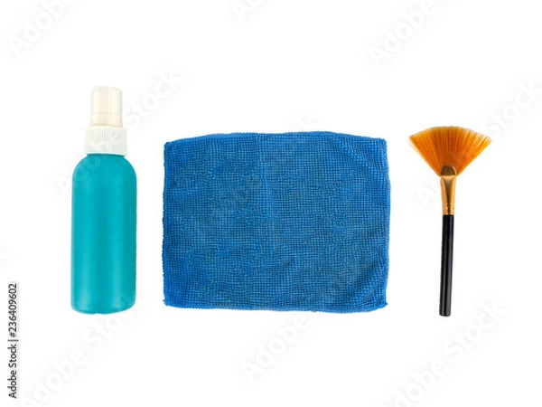 Fototapeta Cleaning set use for camera or computer screen, brush, liquid crystal screen and microfiber isolated on white background