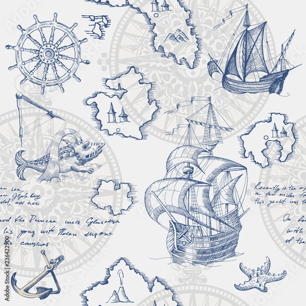 Obraz Old caravel, vintage sailboat, sea monster. Monochrome Hand drawn sketch. Vector seamless pattern for boy. Detail of the old geographical maps of sea.