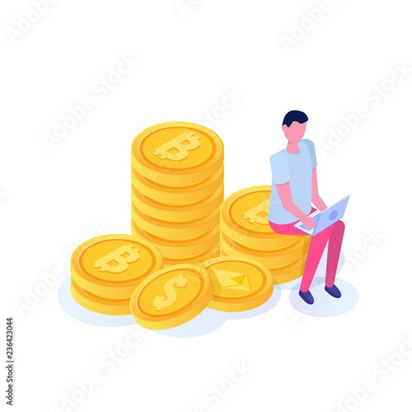 Fototapeta Rich businessman sitting on coin, bitcoin columns isometric concept. Vector illustration