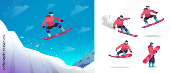 Fototapeta Snowboarder jumps from a springboard. A snowboard athlete performs a trick.   Character set snowboarder in different poses. Isolated vector illustration in   flat style on white background.