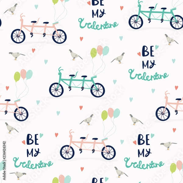 Fototapeta Be my Valentine. Tandem bicycle with balloons. Colored vector seamless pattern