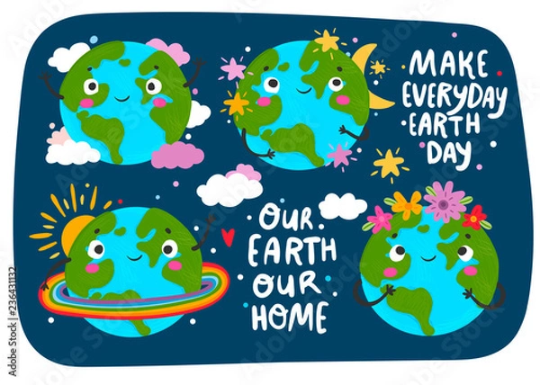 Fototapeta World Earth day. Hand drawn cute planet Earth in various conditions. Colored vector set. Dark background. All elements are isolated