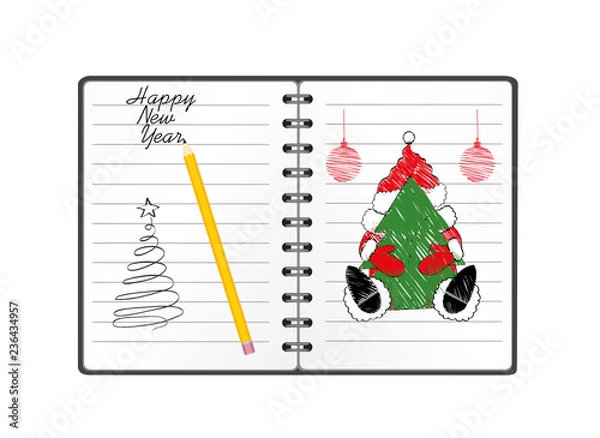 Fototapeta Notebook template with christmas santa clause and ball and pencil. Vector on white background. Greeting card on holiday. A realistic notepad. Office stationery. For notes