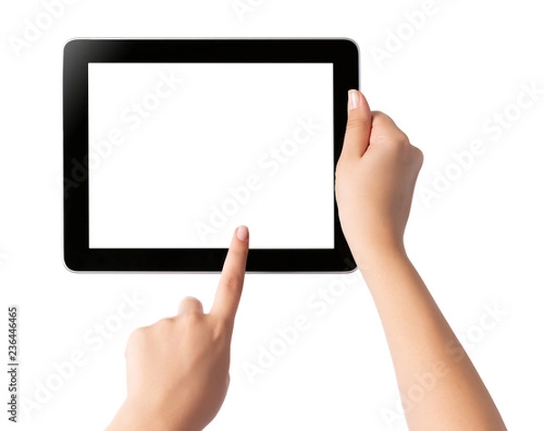 Fototapeta Hand holding blank screen tablet pc on white background