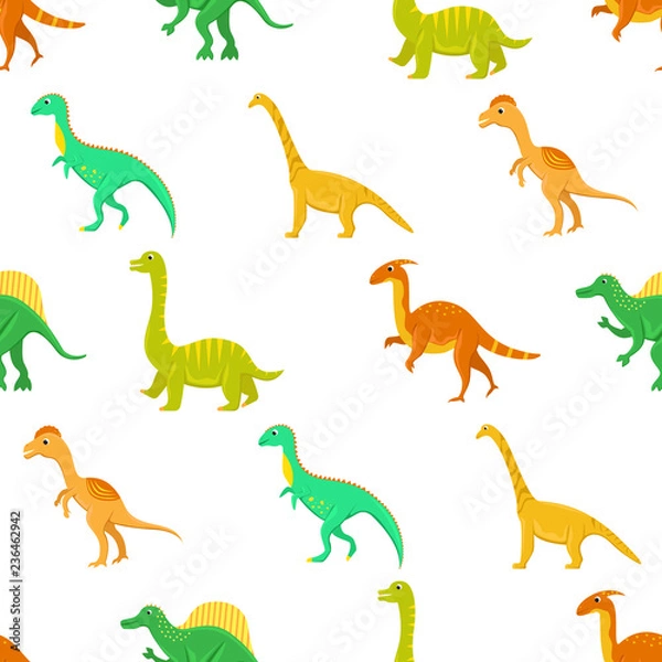 Fototapeta Seamless pattern with flat vector cartoon dinosaurs.
