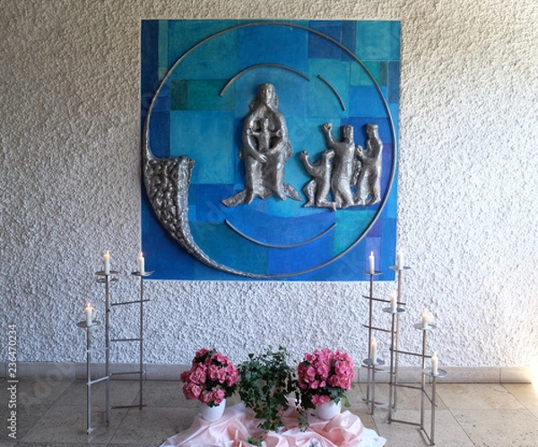 Fototapeta Adoration of the Magi relief by Maria Munz-Natterer in the Appearance of the Lord church in Munchen Blumenau, Germany