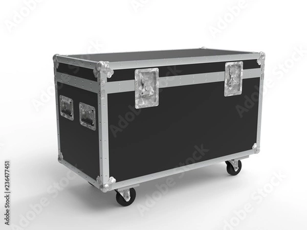 Fototapeta Black closed simple flight case on white background. 3D render