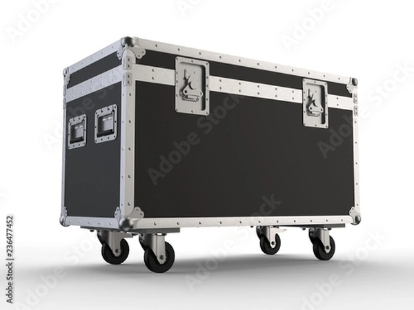Fototapeta Black closed simple flight case on white background. 3D render