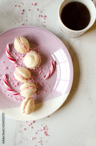 Fototapeta French Macarons with Candy Cane and Black Coffee
