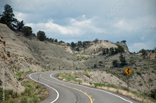 Fototapeta Curved road with traffic sign "bends"
