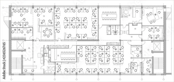 Obraz Standard office furniture symbols set used in architecture plans, office planning icon set, graphic design elements. Office room - top view plans. Vector isolated.