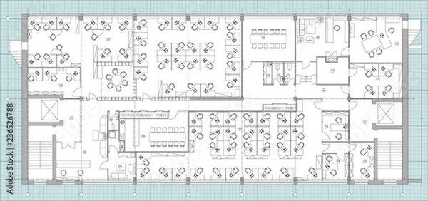Obraz Standard office furniture symbols set used in architecture plans, office planning icon set, graphic design elements. Office room - top view plans. Vector isolated.