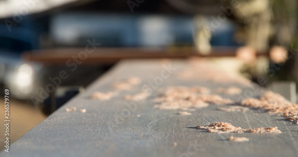 Obraz Saw dust close up on a metal bench