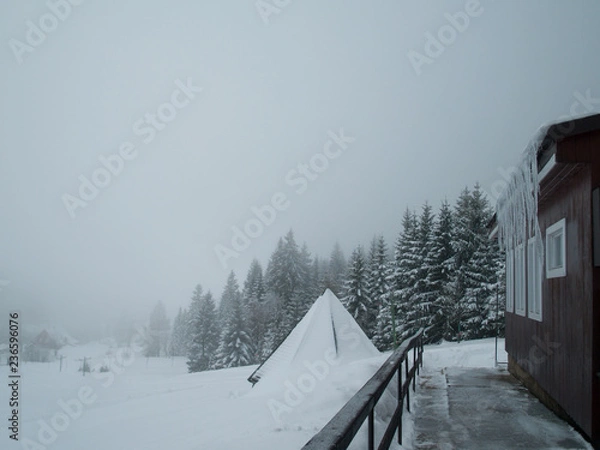 Obraz Cottage with icicles and forest in a background, cloudy weather. Winter in the Giant Mountains, Czech Republic.