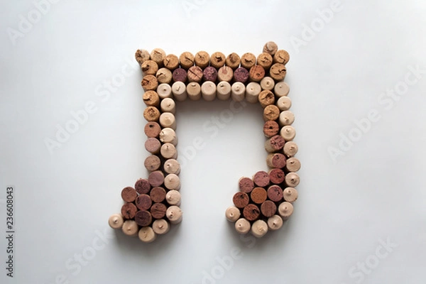 Obraz Wine corks music note abstract composition isolated on white background from a high angle view